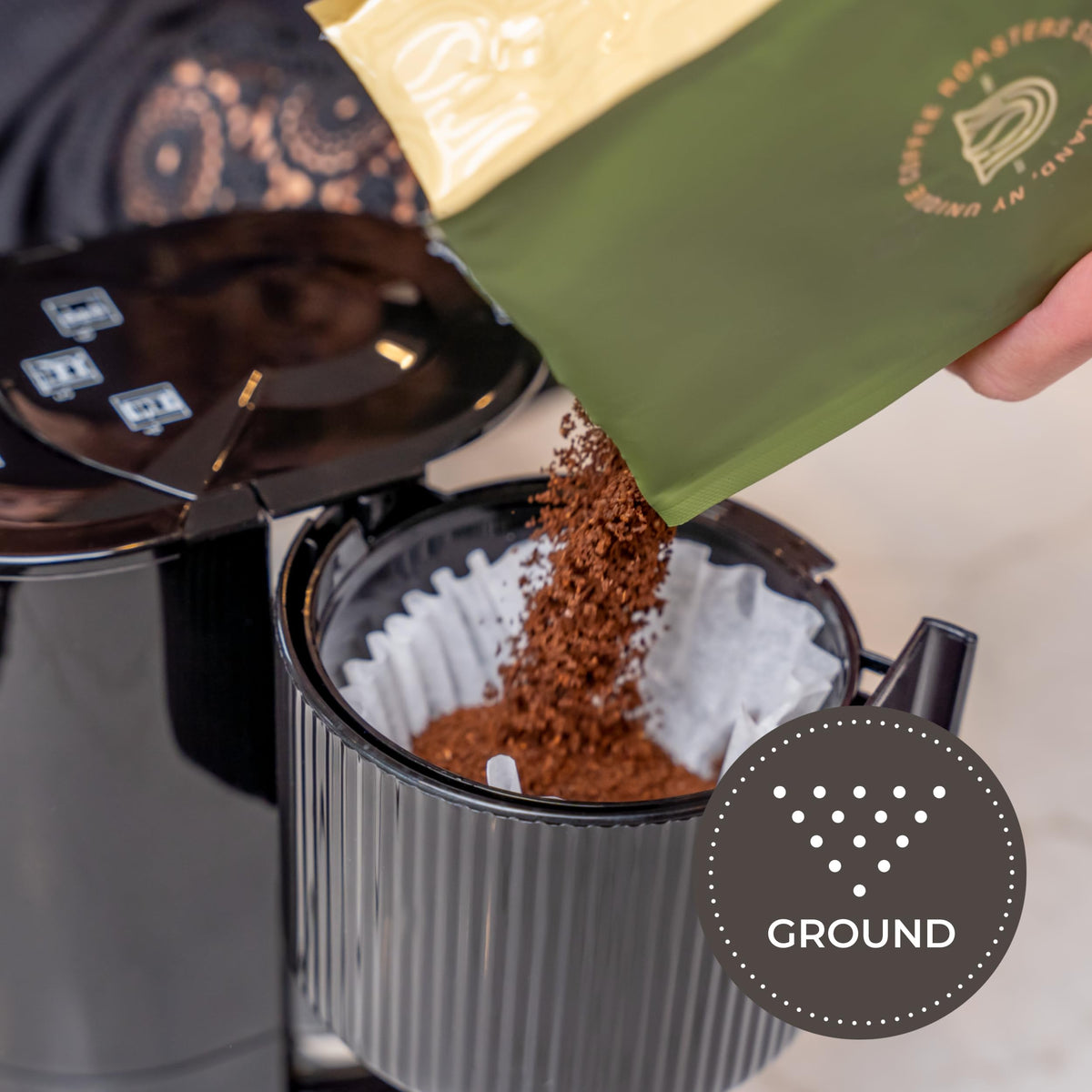 Unique Coffee Roasters Belgian Chocolate ground coffee label closeup highlights authentic flavor