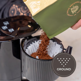 Unique Coffee Roasters Belgian Chocolate ground coffee label closeup highlights authentic flavor
