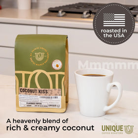 Unique Coffee Roasters Coconut Kiss ground coffee bag back reveals ingredients and flavor notes