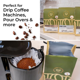 Unique Coffee Roasters Island Toasted Coconut Kiss brewing setup in kitchen for tasting