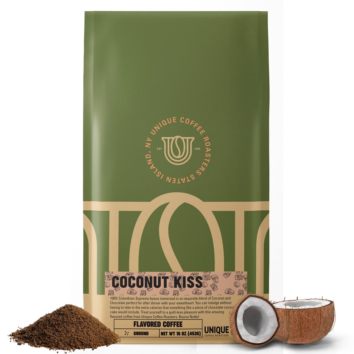 Unique Coffee Roasters Island Toasted Coconut Kiss ground coffee bag front with tropical aroma