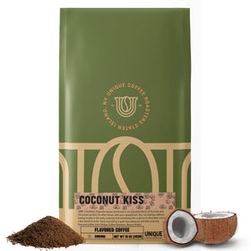 Unique Coffee Roasters Island Toasted Coconut Kiss ground coffee bag front with tropical aroma