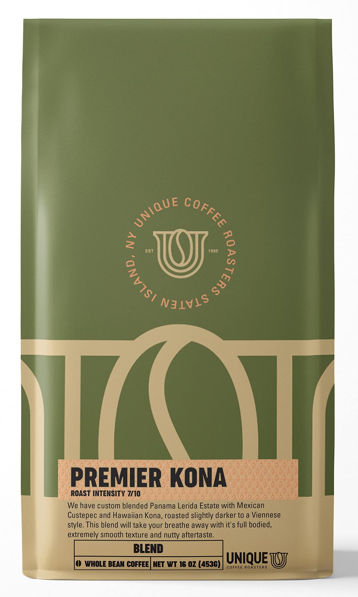 Unique Coffee Roasters Premier Kona beans bag highlights a 1 lb pack for smooth mornings