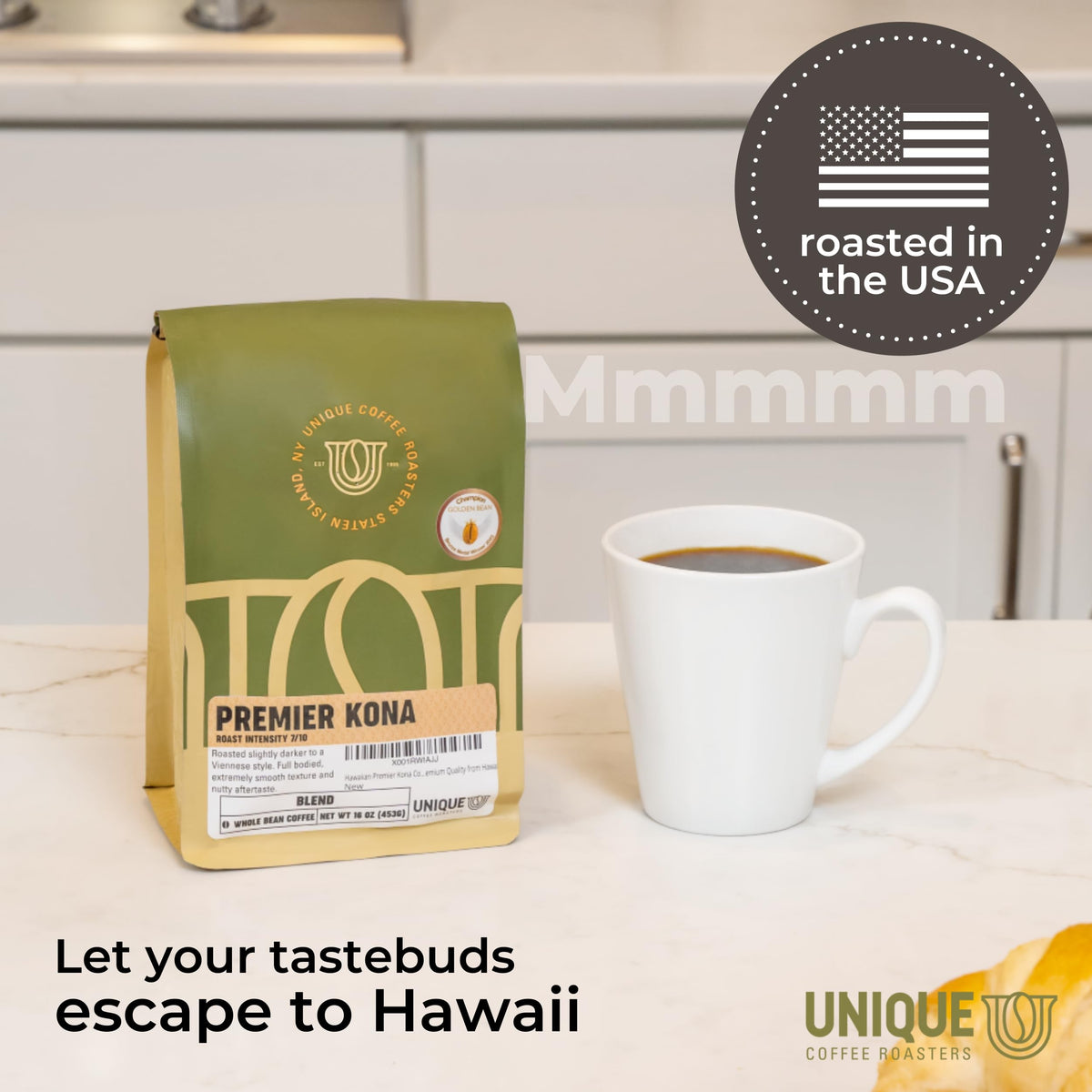 Unique Coffee Roasters Premier Kona brew morning pour showcases full-bodied flavor potential