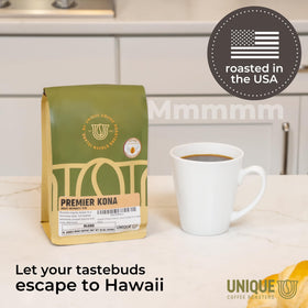 Unique Coffee Roasters Premier Kona brew morning pour showcases full-bodied flavor potential