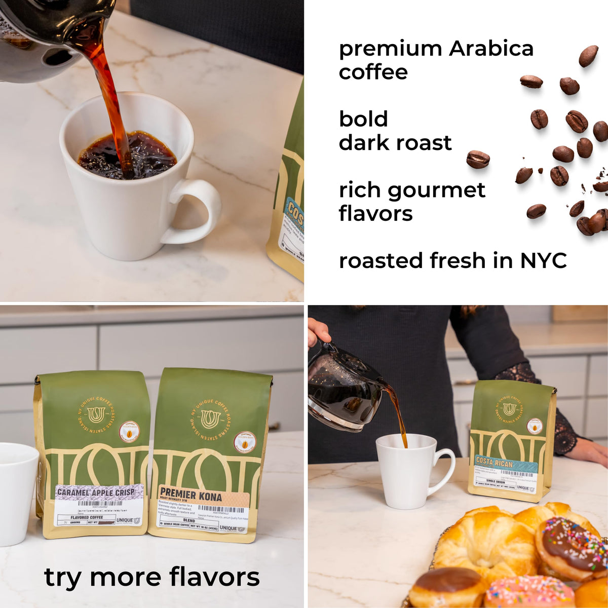 Unique Coffee Roasters Premier Kona dark roast image emphasizes bold, velvety mouthfeel