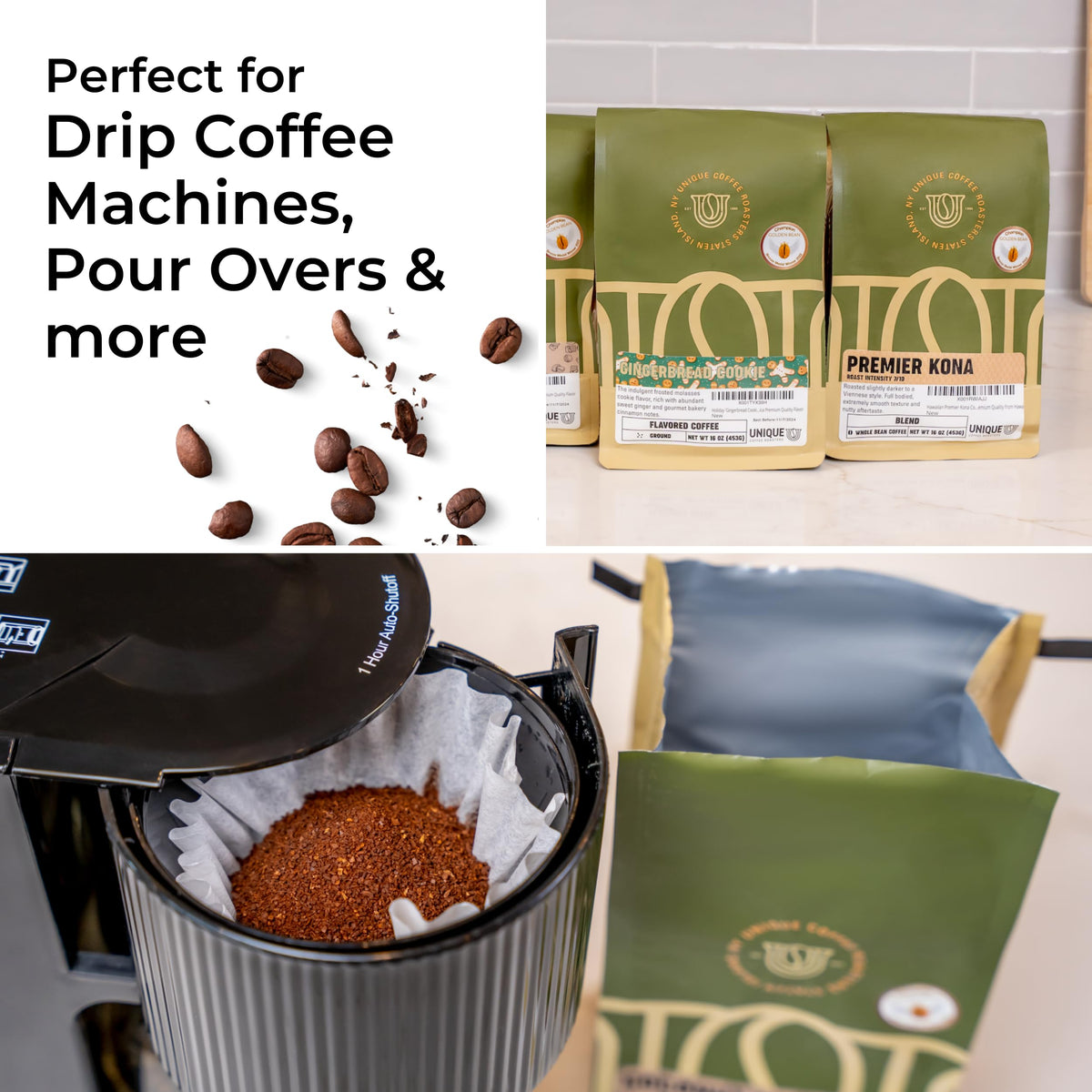 Unique Coffee Roasters Premier Kona origin Hawaii shows Kona beans from multiple premium sources