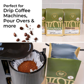 Unique Coffee Roasters Premier Kona origin Hawaii shows Kona beans from multiple premium sources