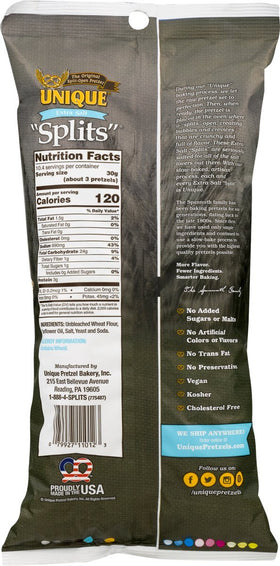 Unique Pretzels Extra Salt Splits crunch close-up emphasizes bold flavor and crunch.