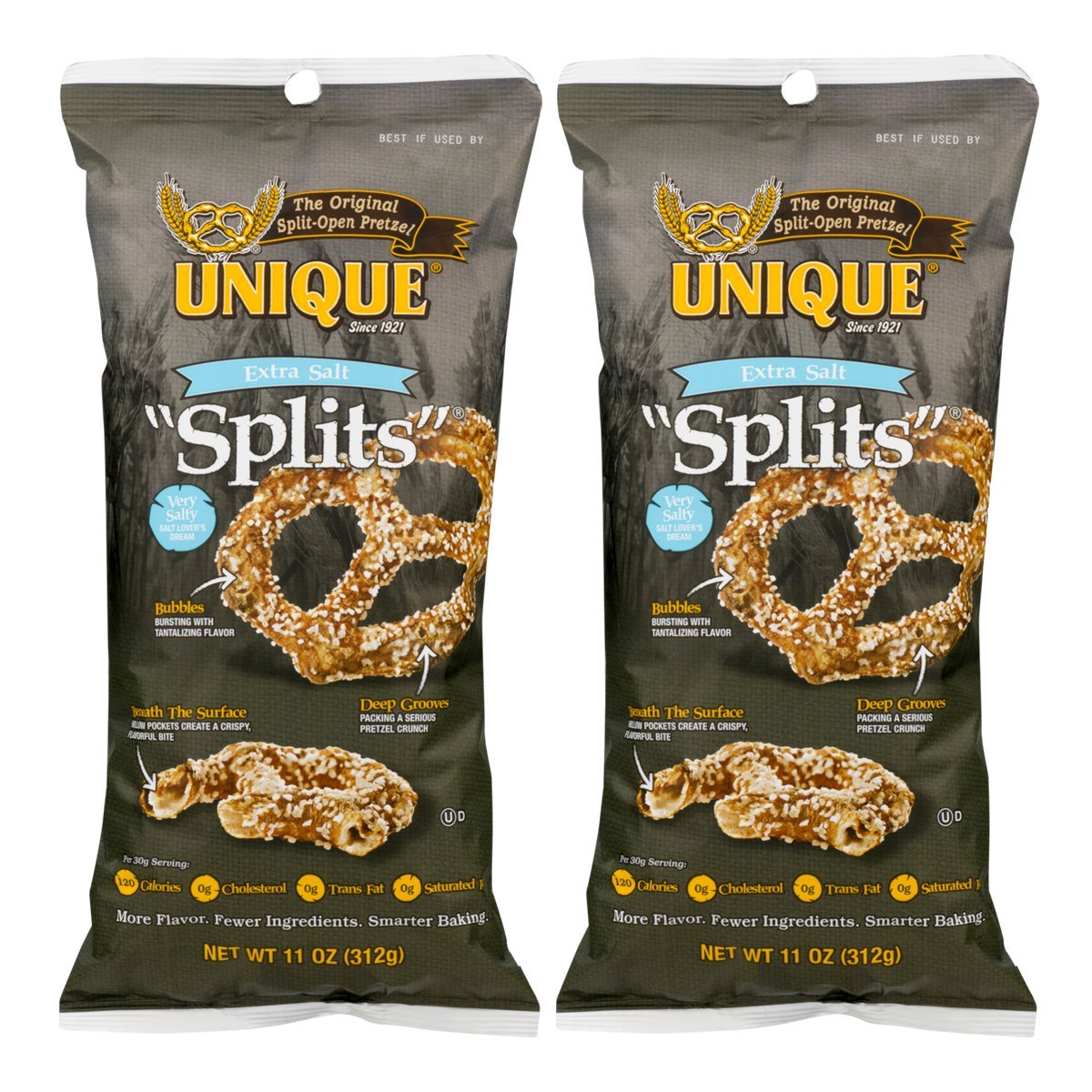 Unique Pretzels Extra Salt Splits pack-2 front view highlights convenient, shareable snacking.