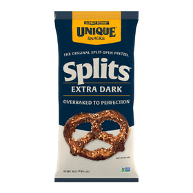 Unique Snacks Extra Dark Splits Pretzels in a bag with bold flavor and crisp texture