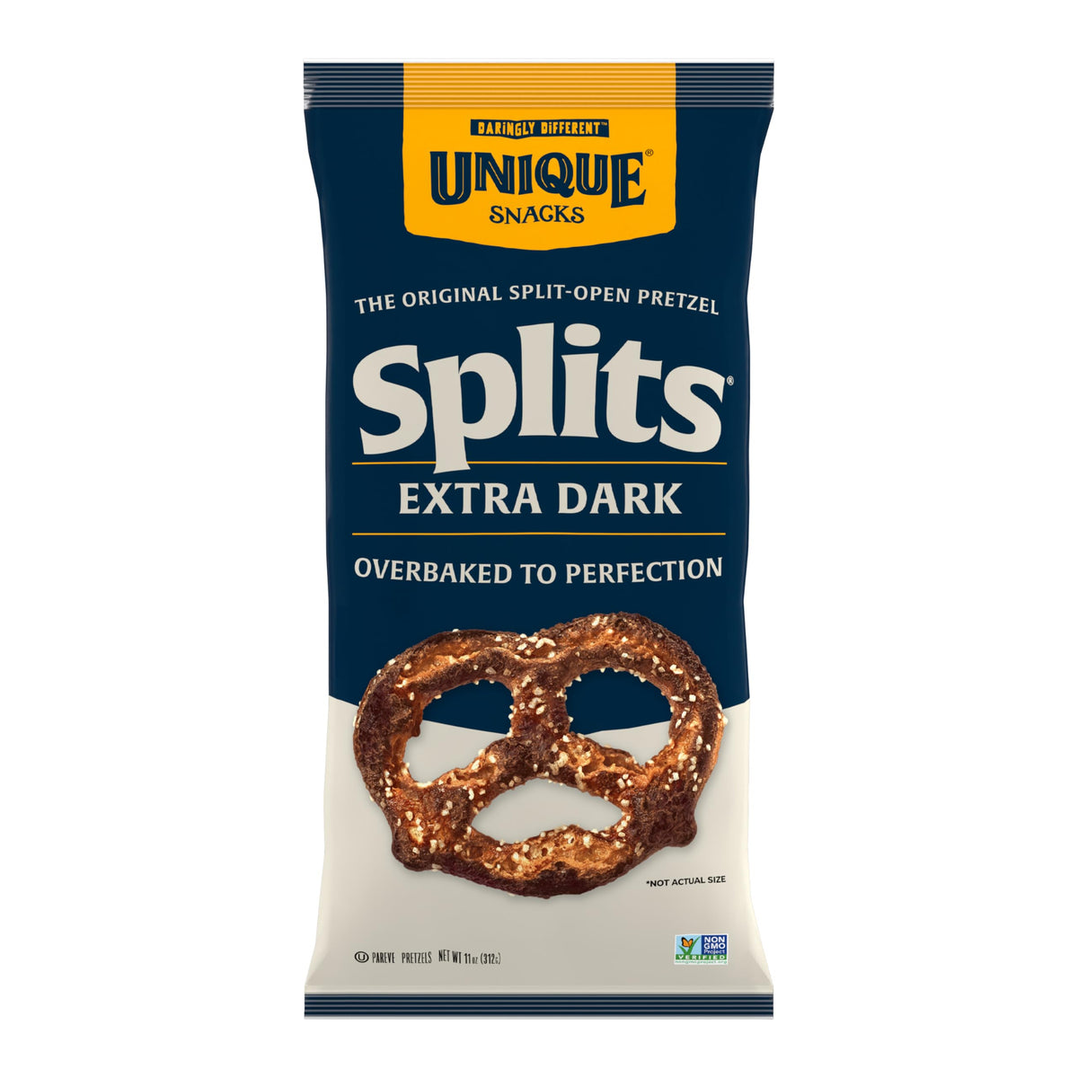 Unique Snacks Extra Dark Splits Pretzels bag displaying bold charred flavor for bold snacking.