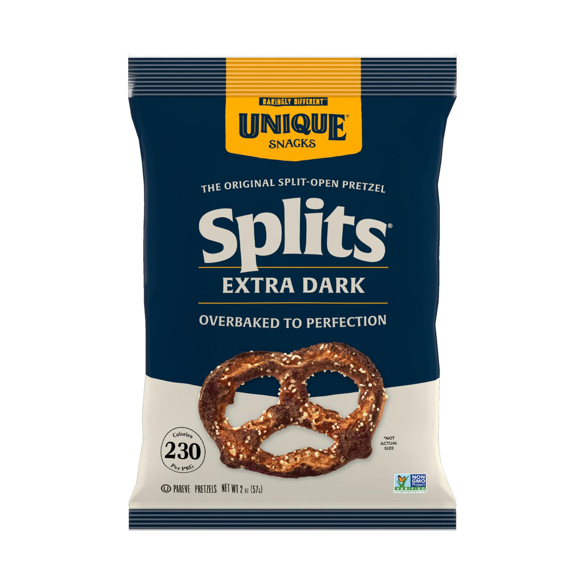 Unique Snacks Extra Dark Splits Pretzels showing crisp bubbles for on-the-go snacking