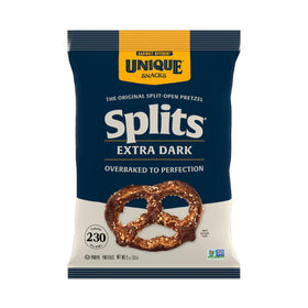 Unique Snacks Extra Dark Splits Pretzels showing crisp bubbles for on-the-go snacking