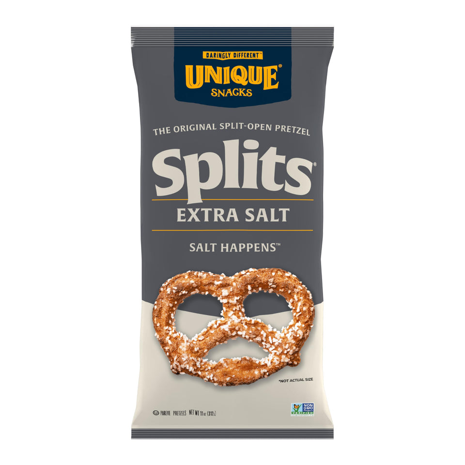 Unique Snacks Extra Salt Splits Pretzels with crisp edges for snacking