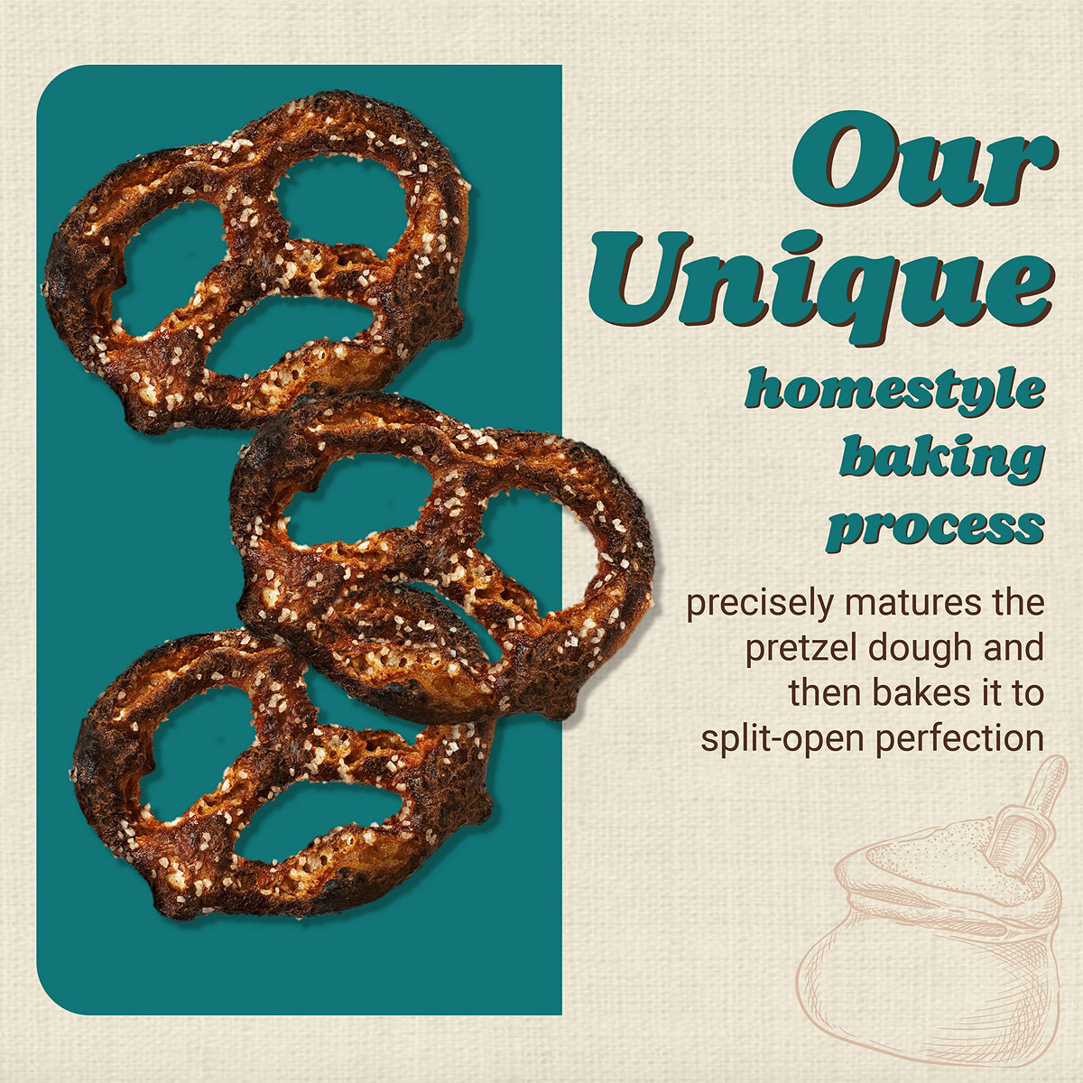 Unique Snacks Homestyle Baking Process close-up reveals bubbly, crunchy inner crumb.