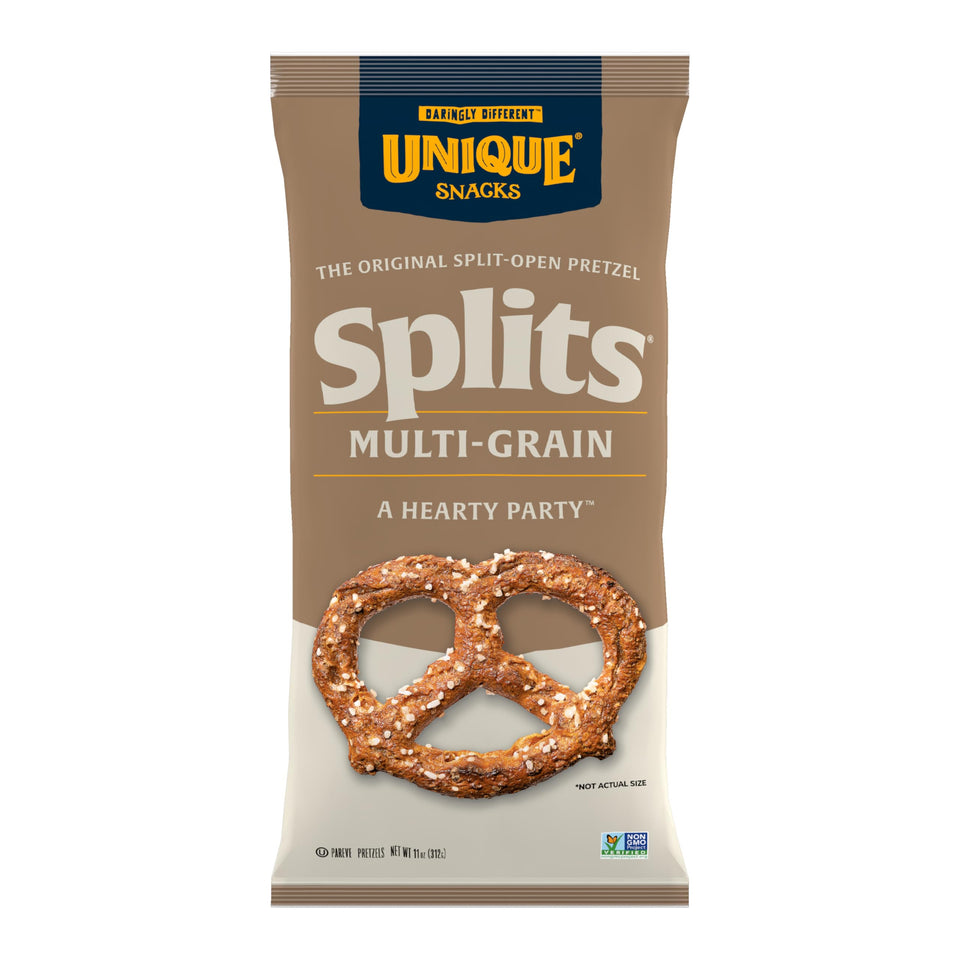 Unique Snacks Multi-Grain Splits bag with crispy bubbles, ideal for movie nights