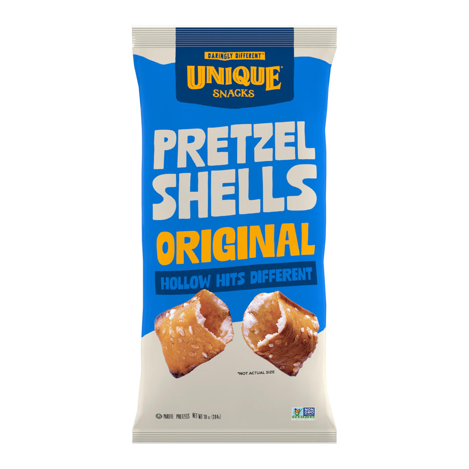 Unique Snacks Original Pretzel Shells bag close-up shows vegan, non-GMO snack appeal.
