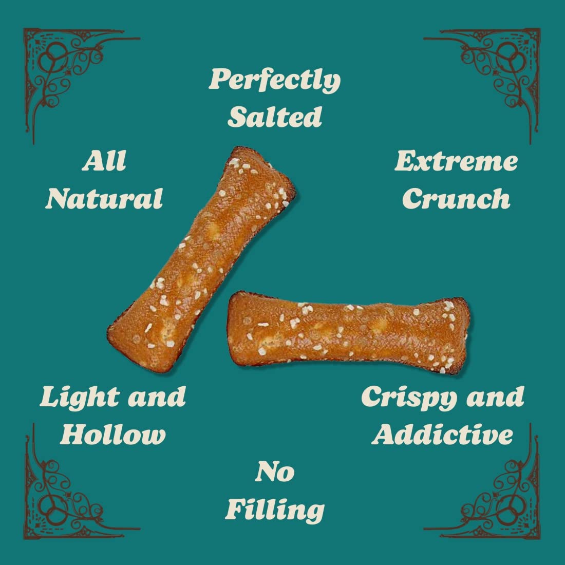Unique Snacks Pretzel Shells ingredients panel highlights all-natural non-GMO components.
