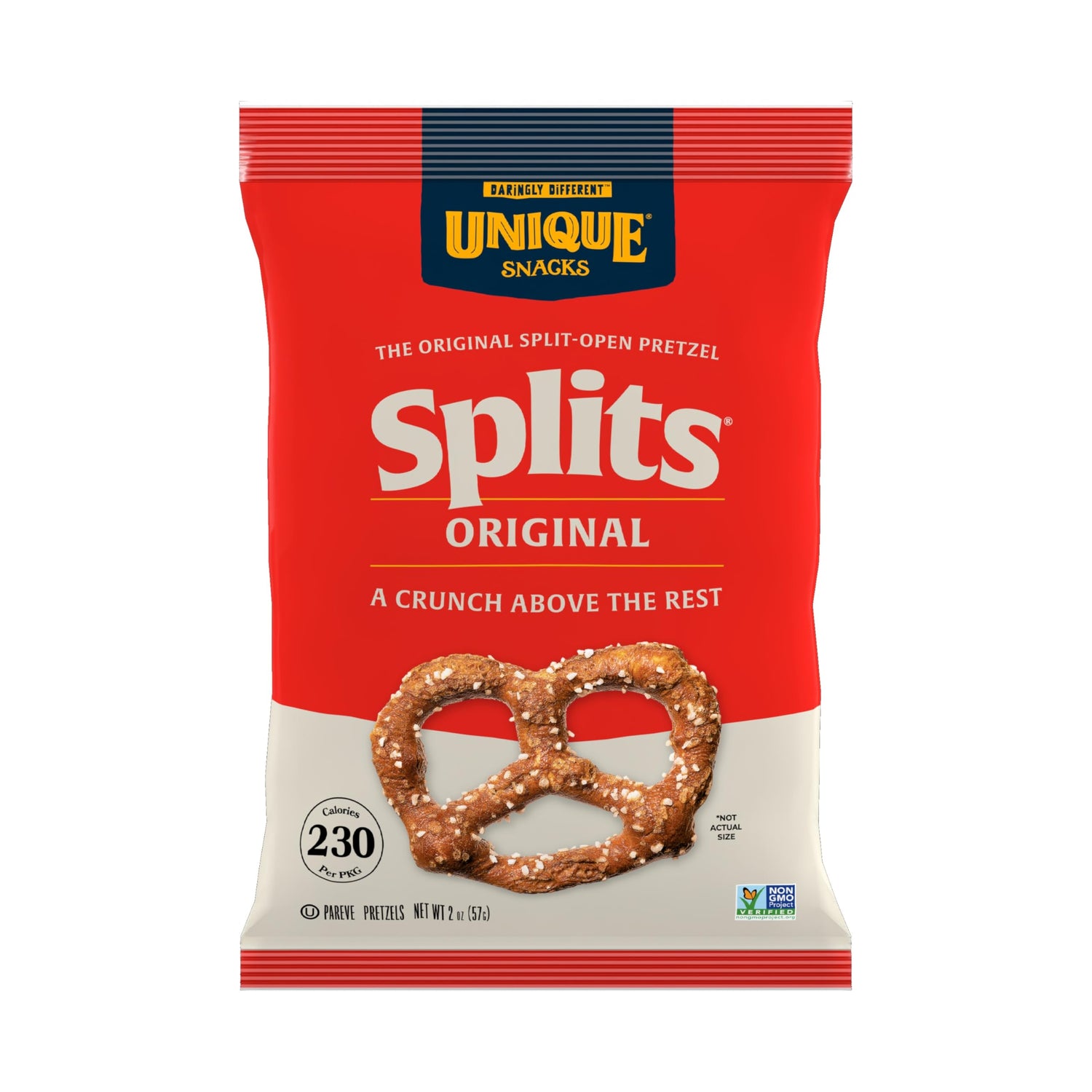 Unique Snacks Original Splits Pretzels bag front, ready for easy sharing.