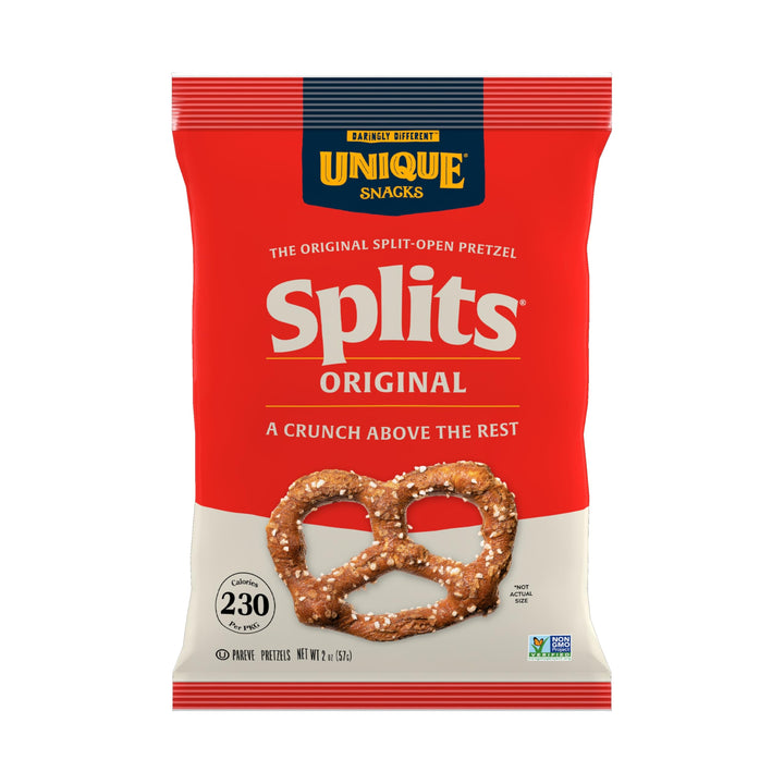 Unique Snacks Original Splits Pretzels bag front, ready for easy sharing.