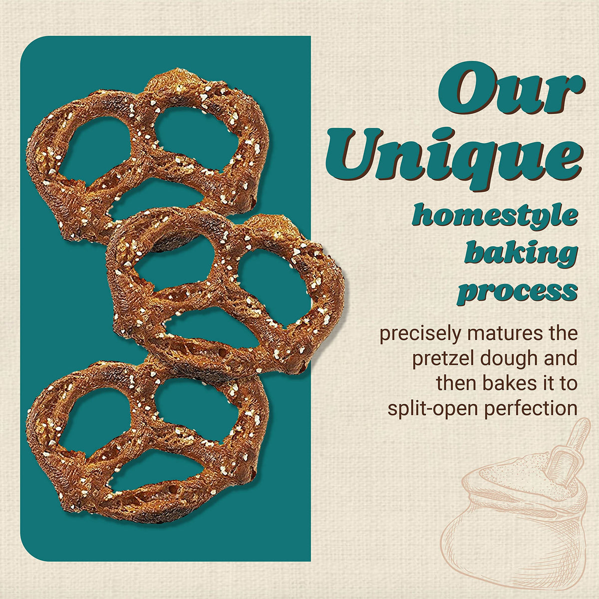 Unique Snacks Original Splits Pretzels ingredients label highlights natural, non-GMO.
