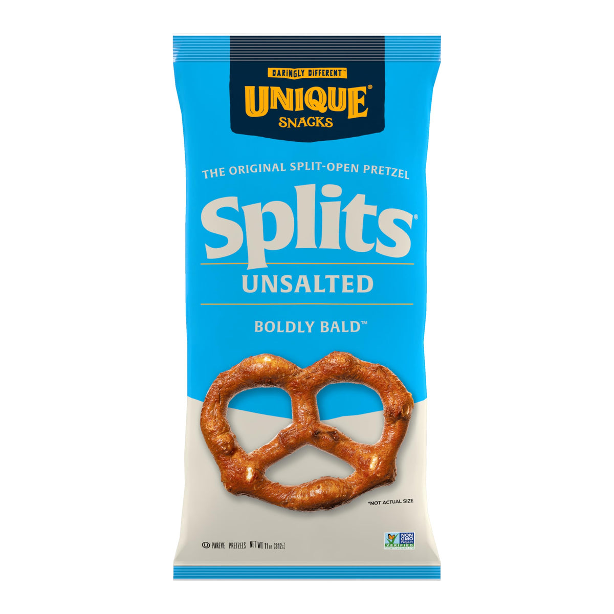 Unique Snacks Unsalted Splits bag front view highlighting a low-sodium pretzel option.