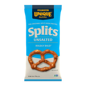 Unique Snacks Unsalted Splits bag front view highlighting a low-sodium pretzel option.