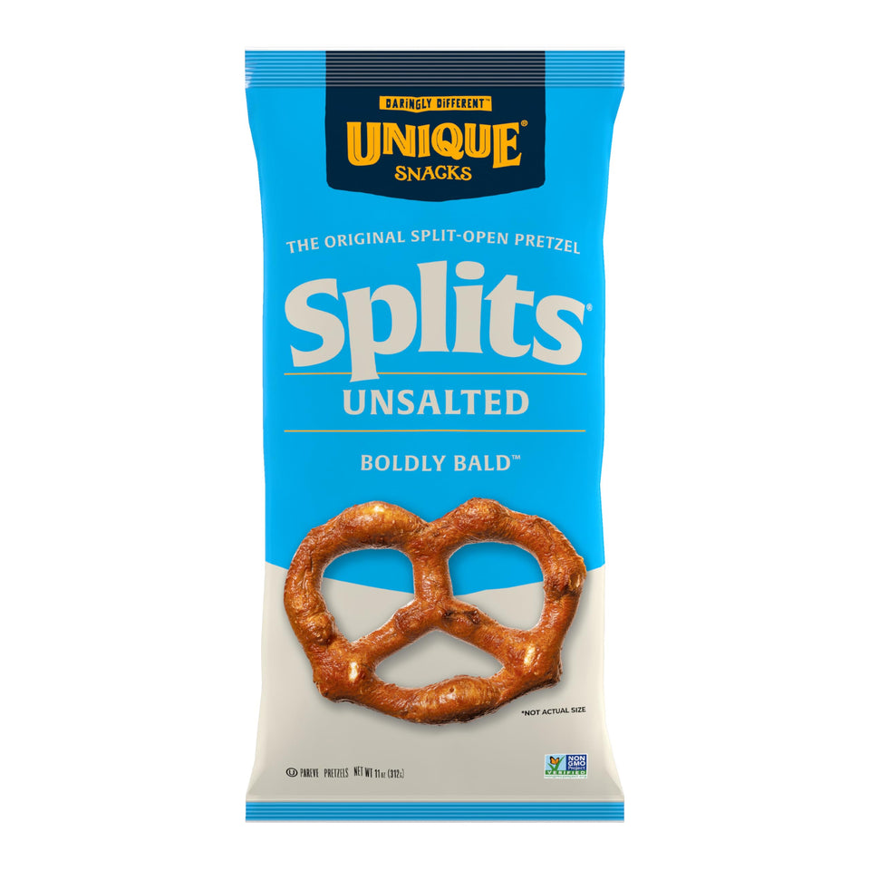 Unique Snacks Unsalted Splits bag front view highlighting a low-sodium pretzel option.