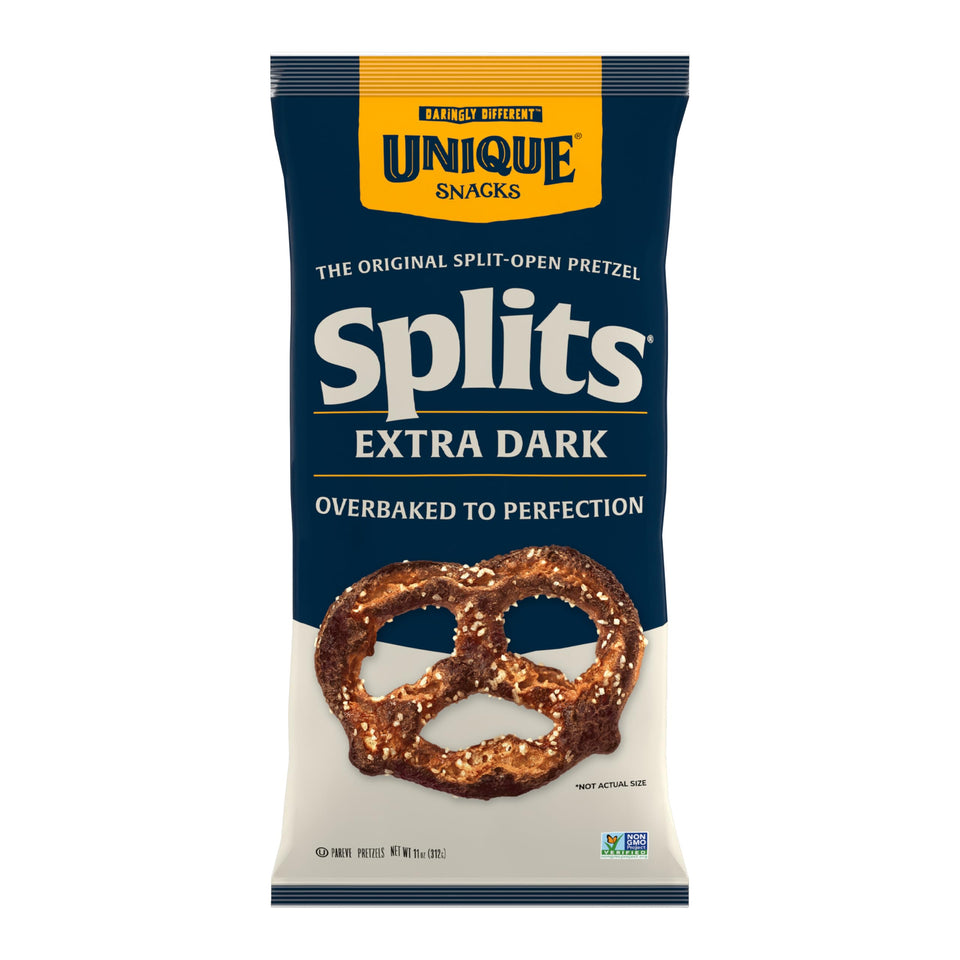 Unique Snacks Extra Dark Splits Pretzels bag front view showing bold charred flavor