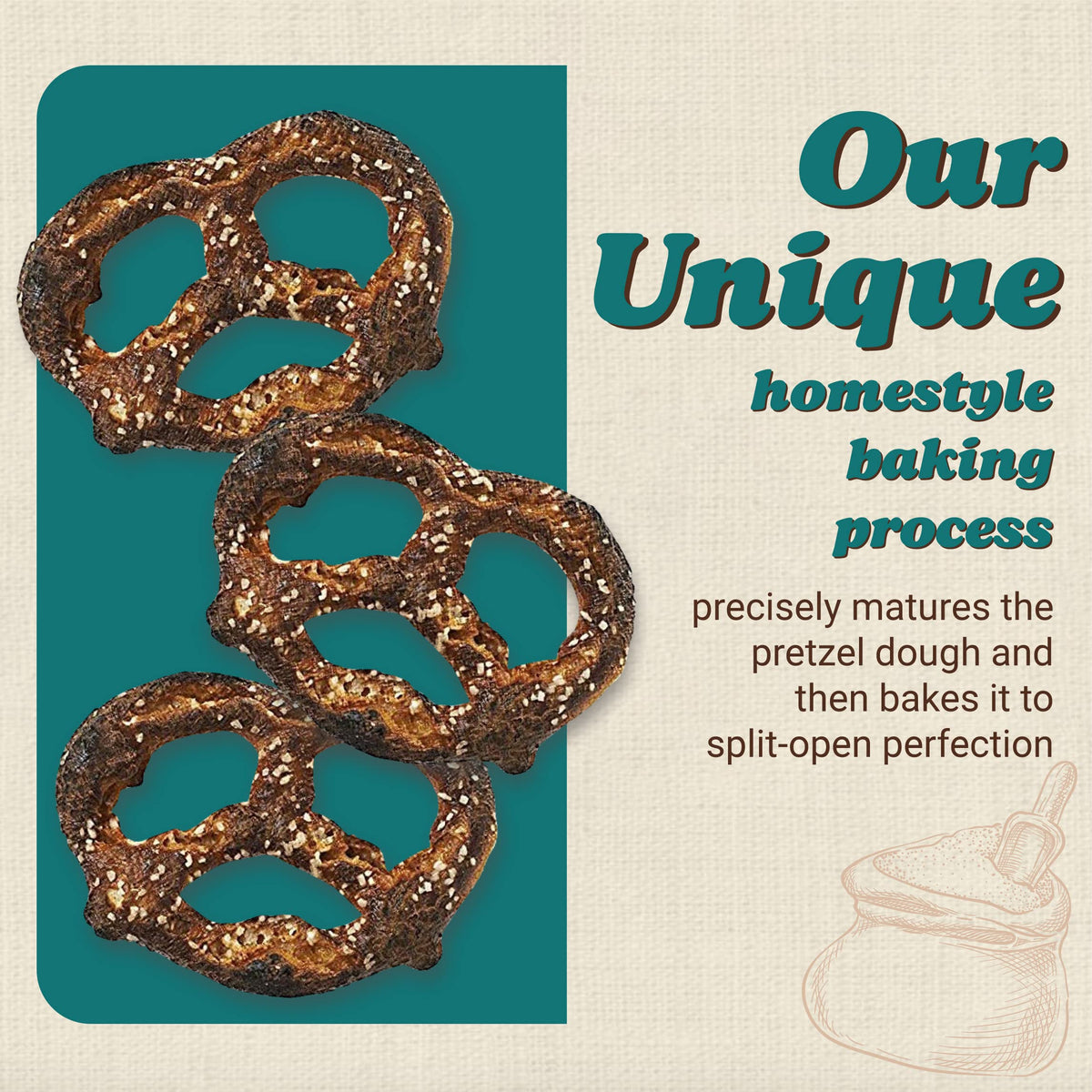 Unique Snacks Extra Dark Splits Pretzels close-up of bubbly texture and crispy crevices
