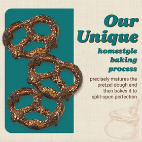 Unique Snacks Extra Dark Splits Pretzels close-up of bubbly texture and crispy crevices