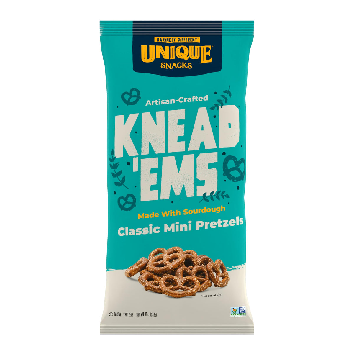 Unique Snacks Knead Ems mini pretzels 3-pack ready to-go, satisfying on-the-go crunch