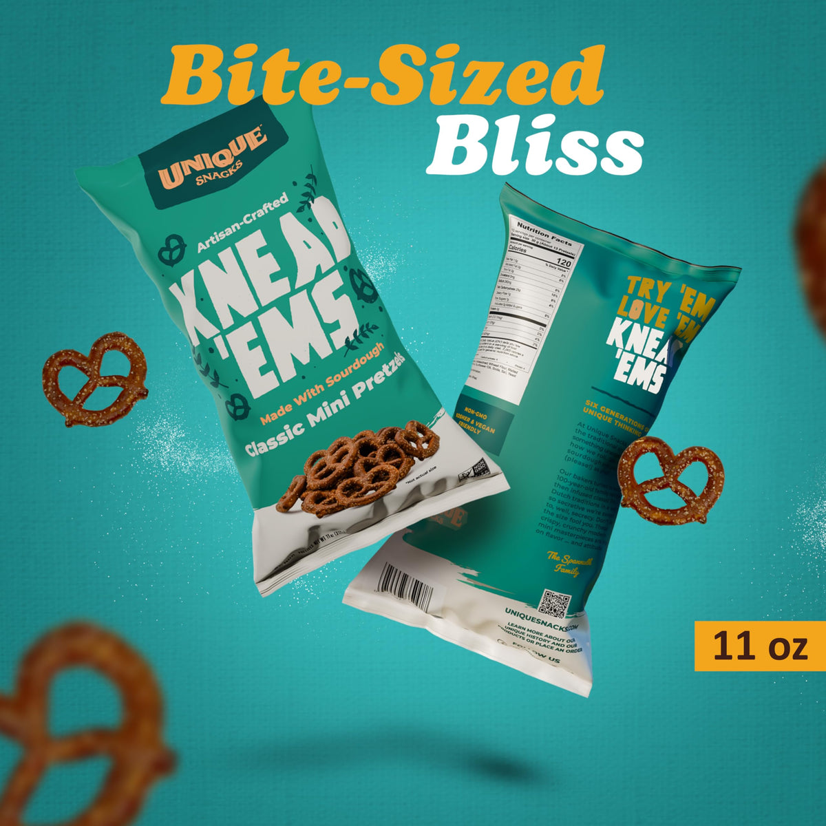 Unique Snacks Knead Ems close-up shows bold sourdough crunch for snacking