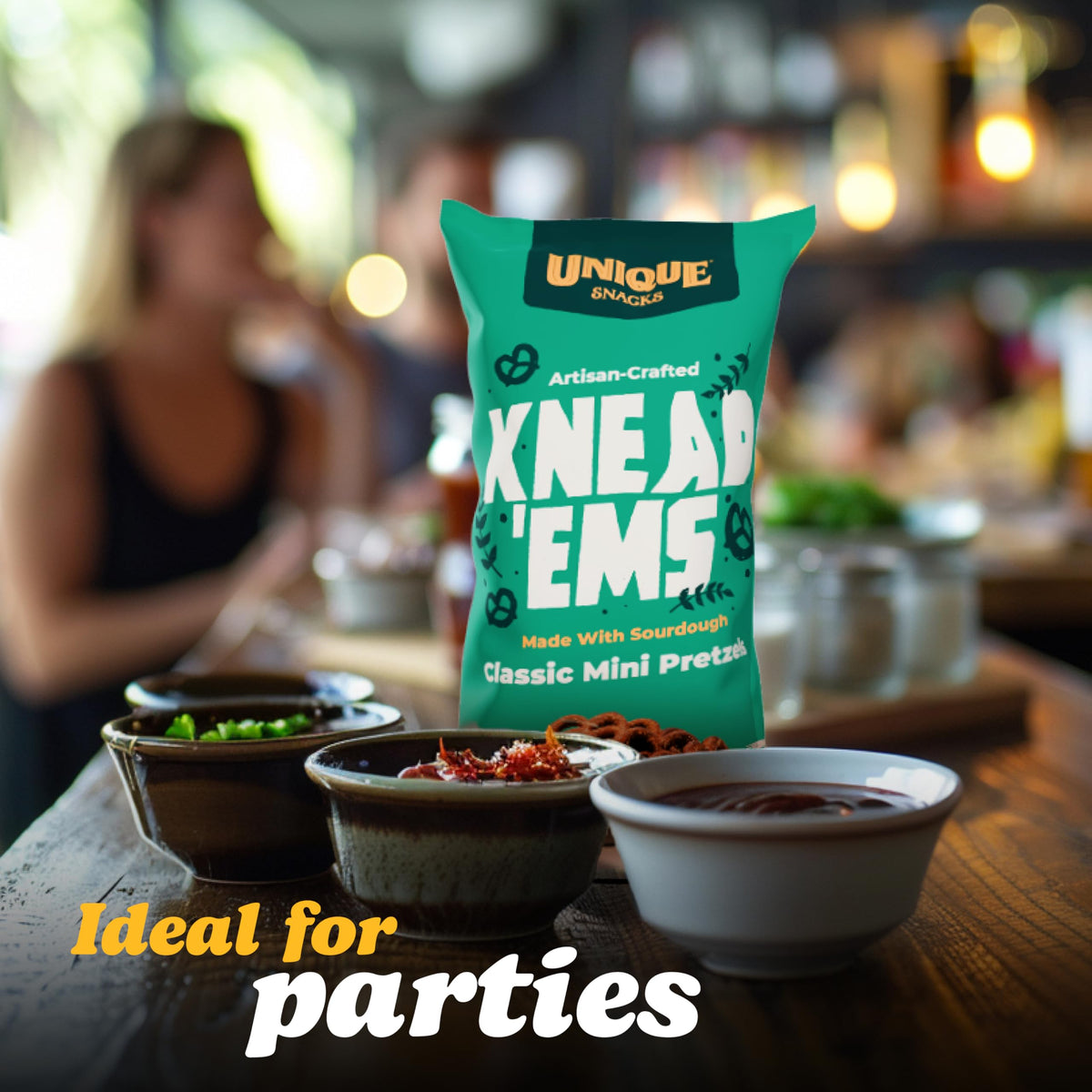 Unique Snacks Knead Ems kitchen scene emphasizes artisan quality and enjoyment