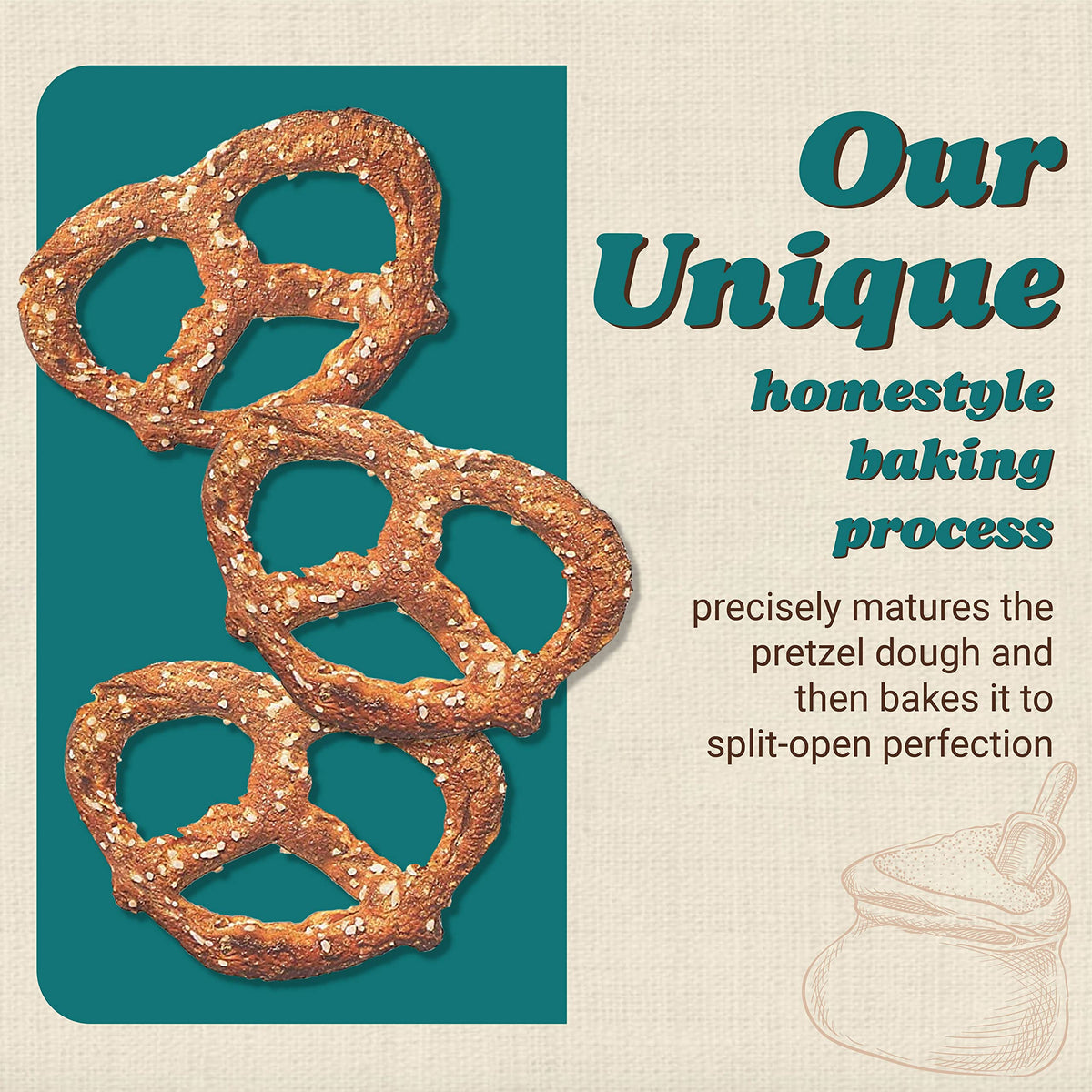 Unique Snacks Multi Grain Splits Pretzels show crisp bubbles for a satisfying crunch