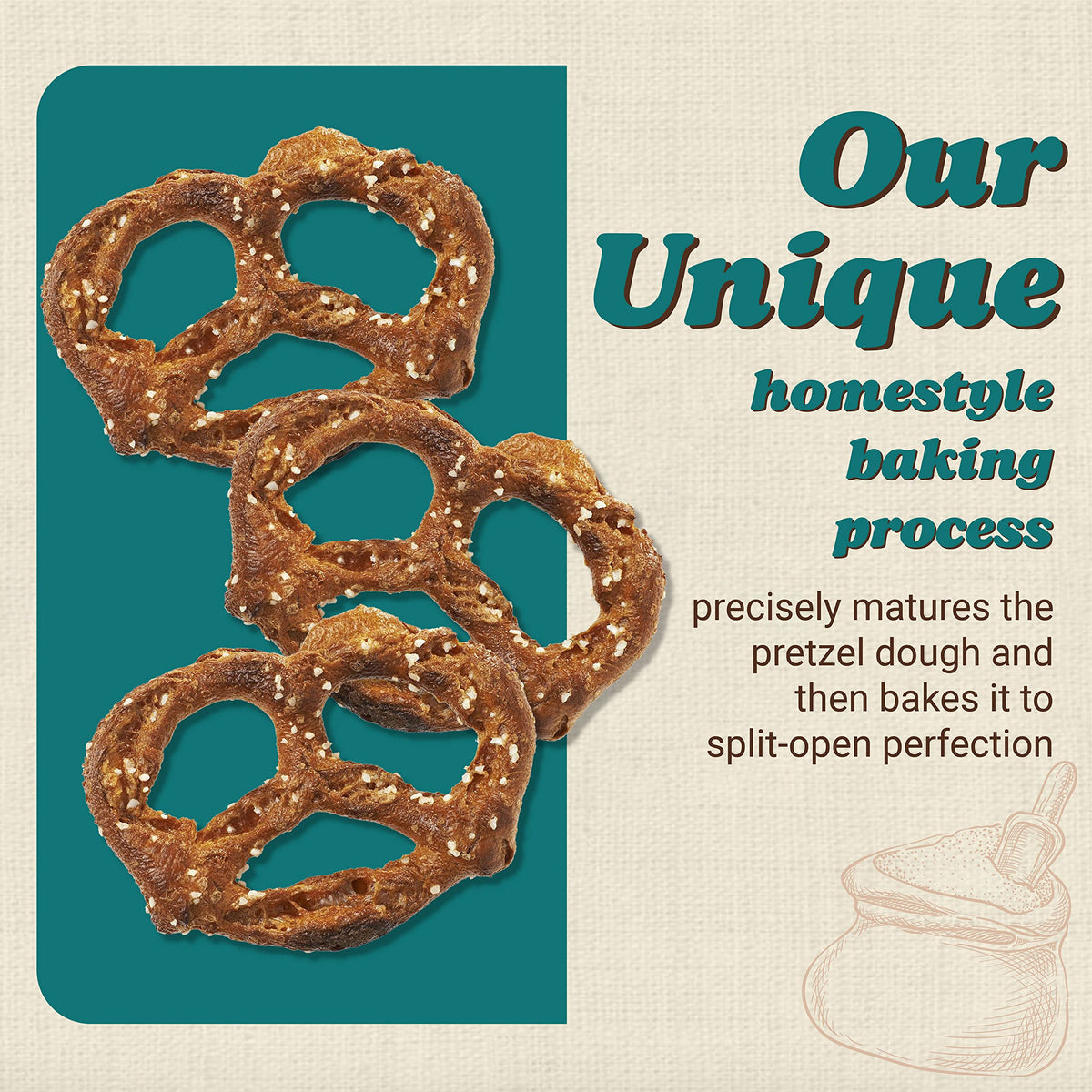 Unique Snacks Original Splits Pretzels on a shelf, ideal for family snacks.
