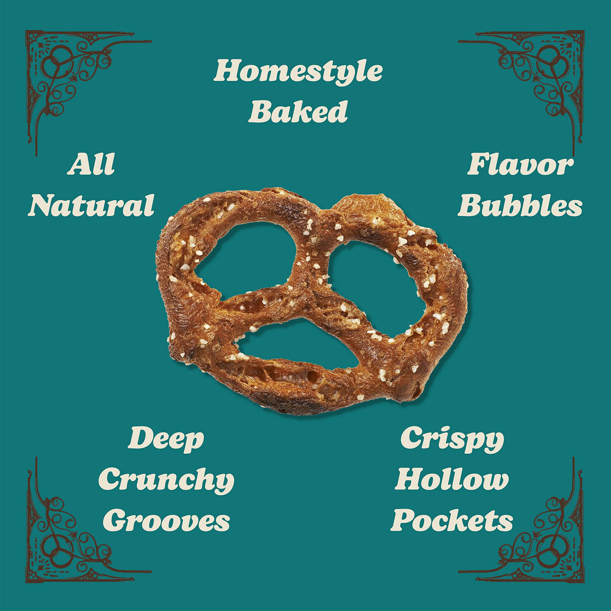 Close-up of split-open bubbles and crunchy crevices in Unique Snacks Splits Pretzels.