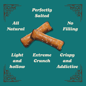 Unique Snacks pretzel shells homestyle baked for hollow, crispy texture.
