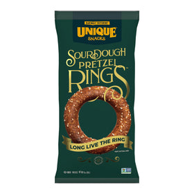 Unique Snacks sourdough craft beer pretzel rings on a board, ideal for beer pairings and sharing.