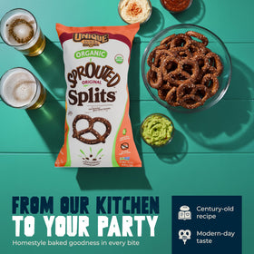 Unique Snacks Sprouted Splits Pretzels 8oz bag for portion control.