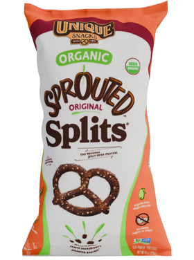 Unique Snacks Sprouted Splits Pretzels bag, ready-to-enjoy 8 oz for on-the-go snacking.