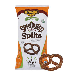 Unique Snacks Sprouted Splits Pretzels bag showcases crispy homestyle baked texture.