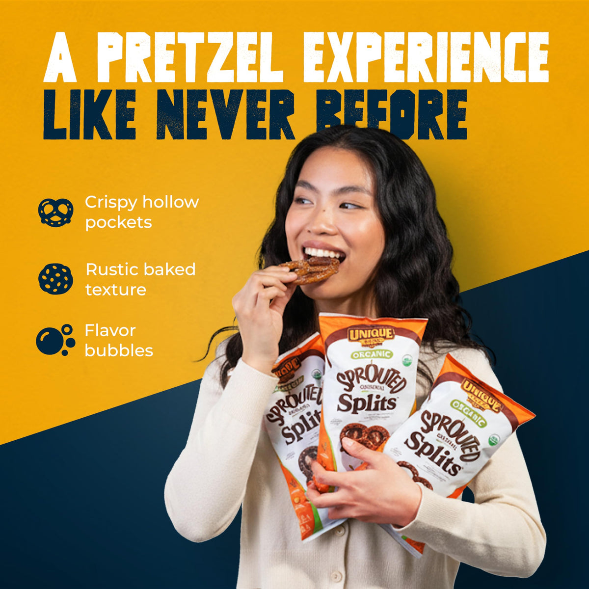 Unique Snacks Sprouted Splits Pretzels bake-process shown for homestyle flavor.