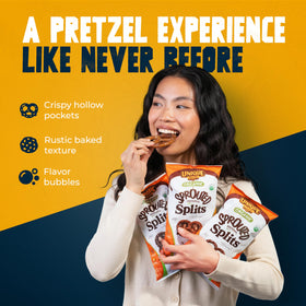 Unique Snacks Sprouted Splits Pretzels bake-process shown for homestyle flavor.