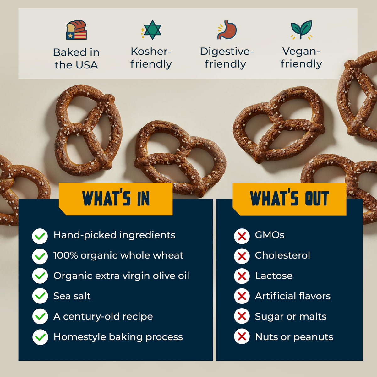 Unique Snacks Sprouted Splits Pretzels ingredients emphasize non-GMO, clean snack options.
