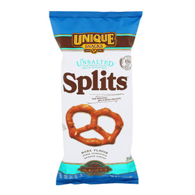 Unique Snacks Unsalted Splits Pretzels bag closeup highlights low-sodium snacking with homemade flavor