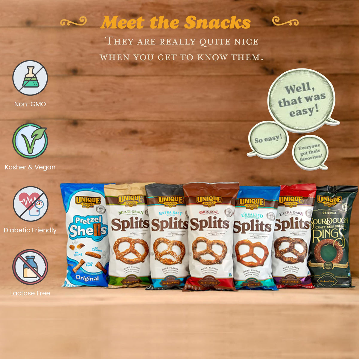 Homestyle baked aroma and crisp bite of Unique Snacks Unsalted Splits Pretzels