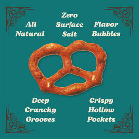 Front view of Unique Snacks Unsalted Splits Pretzels six-pack display for convenient snacking