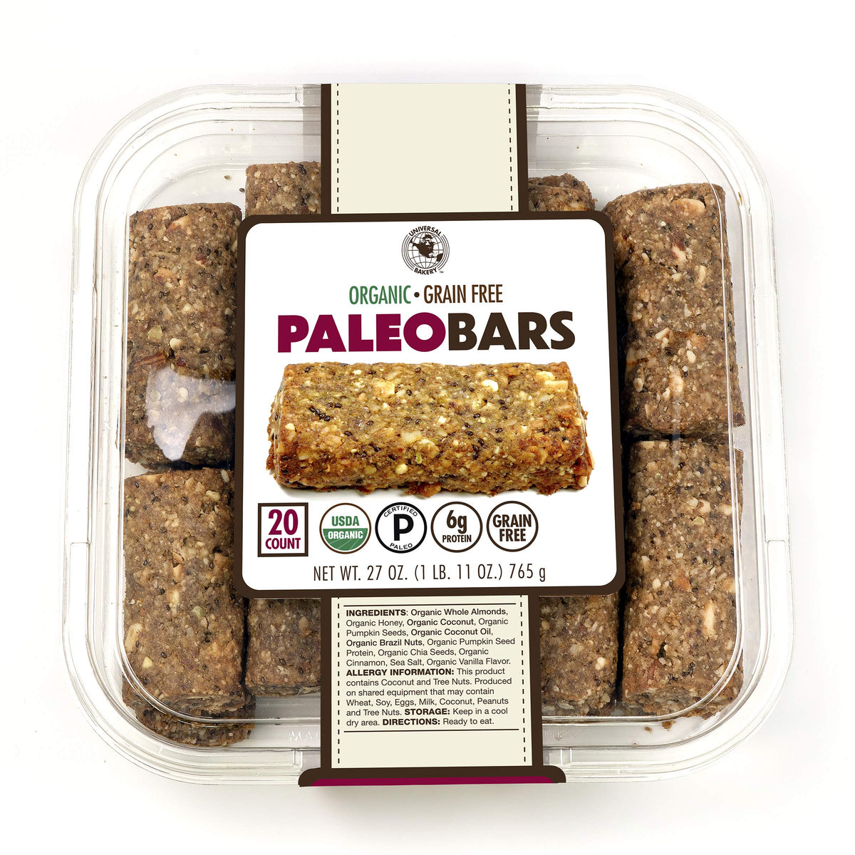 Universal Bakery Organic Paleo Bars 20-count two-pack, convenient on-the-go snack for busy days.